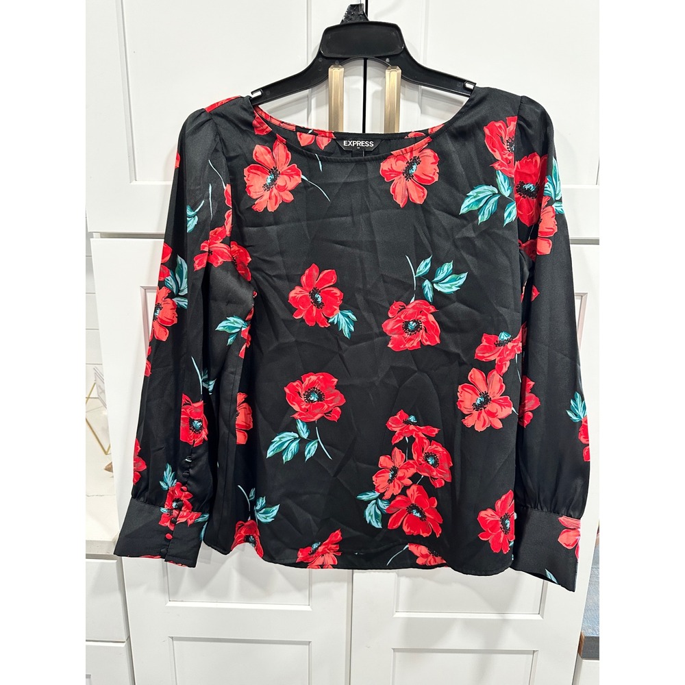 EXPRESS Floral Blouse‎ Women's Large Long Sleeve Button Cuff Black Red Flowers